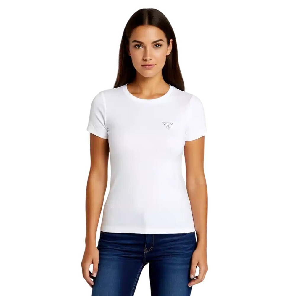 Guess Los Angeles Womens White Ribbed Knit Short Sleeve Triangle Logo Tee M NWT